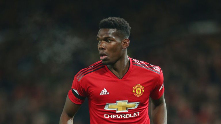 Paul Pogba runs with the ball during the Premier League match between Manchester United and Burnley at Old Trafford on January 29, 2019