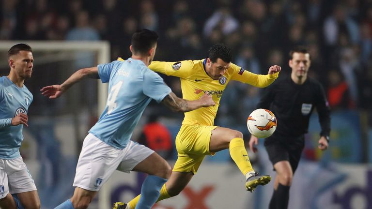 Pedro tries to control the ball in the Europa League tie against Malmo