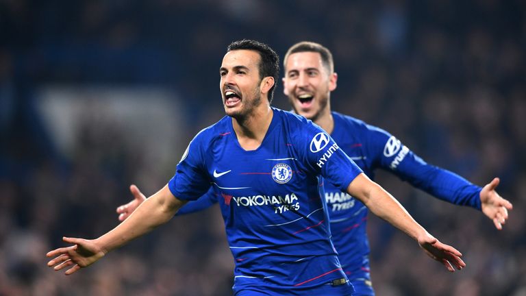 Pedro celebrates after putting Chelsea ahead at home to Tottenham