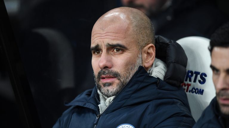 Pep Guardiola during the Premier League match between Newcastle United and Manchester City at St. James Park on January 29, 2019 in Newcastle upon Tyne, United Kingdom.