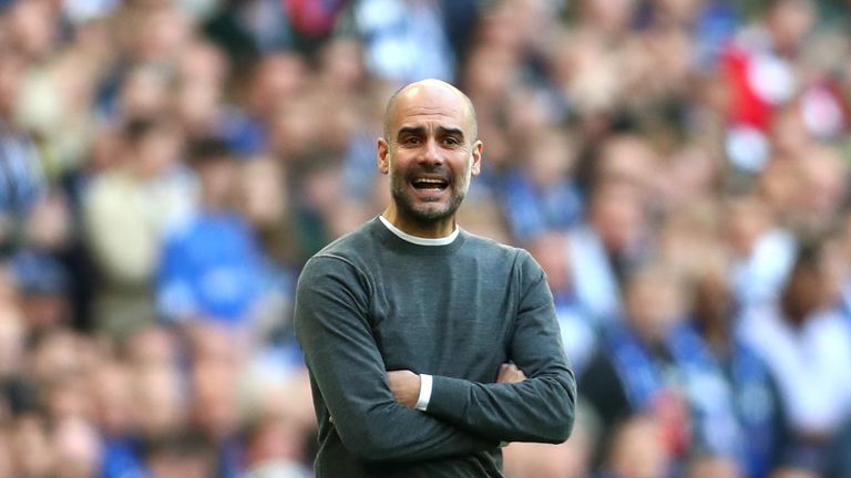 Josep Guardiola, Manager of Manchester City reacts during the Carabao Cup Final between Chelsea and Manchester City at Wembley Stadium on February 24, 2019 in London, England.