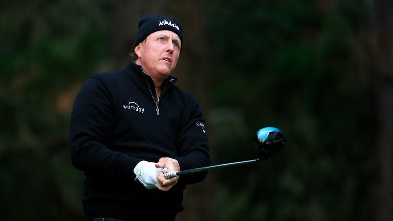 Phil Mickelson of the United States plays his shot from the 13th tee during the second round of the AT&T Pebble Beach Pro-Am at Spyglass Hill Golf Course on February 08, 2019 in Pebble Beach, California