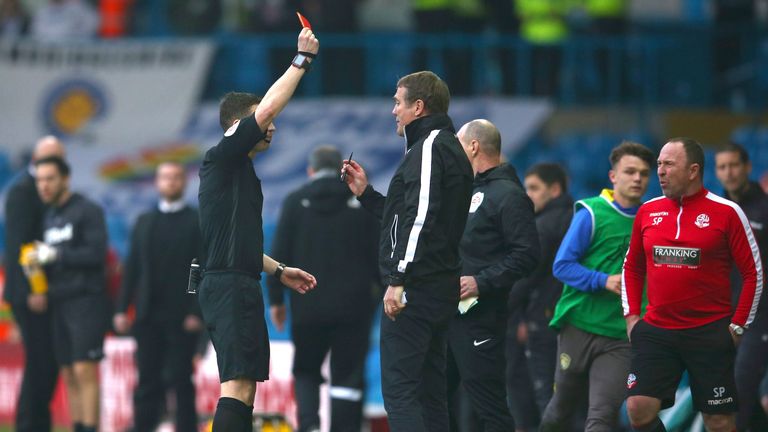 Bolton Wanderers manager Phil Parkinson is sent off at Elland Road