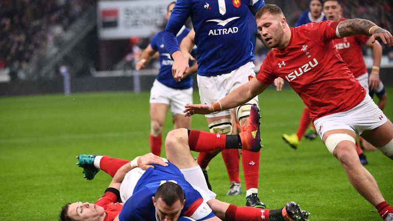 France's number eight Louis Picamoles scores a try during the Six Nations rugby union tournament match between France and Wales