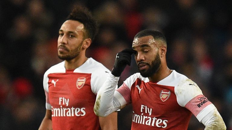 Pierre-Emerick Aubameyang and Alexandre Lacazette react to a Man City goal