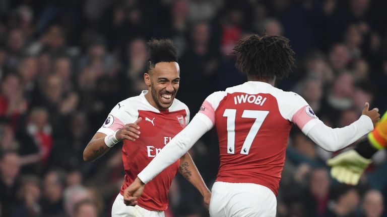 Pierre-Emerick Aubameyang celebrates scoring the fourth Arsenal goal