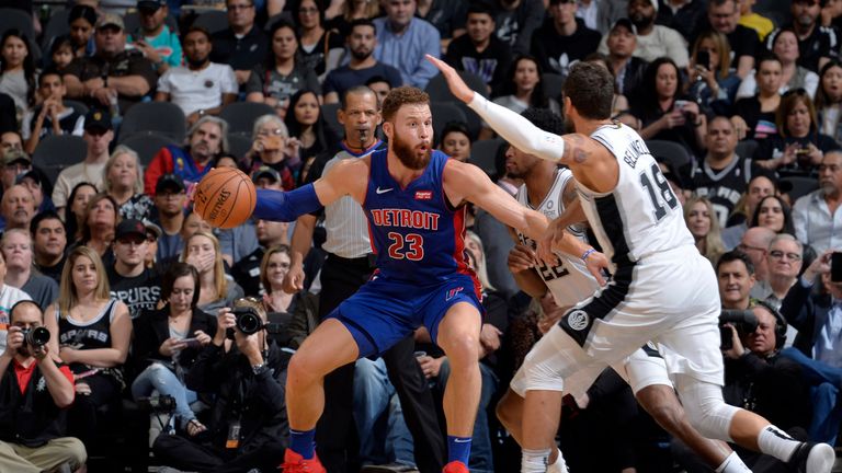 SAN ANTONIO, TX - FEBRUARY 27: Blake Griffin #23 of the Detroit Pistons handles the ball during the game against the San Antonio Spurs on February 27, 2019 at the AT&T Center in San Antonio, Texas. NOTE TO USER: User expressly acknowledges and agrees that, by downloading and or using this photograph, user is consenting to the terms and conditions of the Getty Images License Agreement. Mandatory Copyright Notice: Copyright 2019 NBAE (Photos by Mark Sobhani/NBAE via Getty Images)
