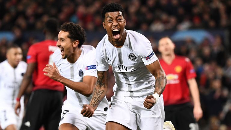 Presnel Kimpembe celebrates scoring PSG's opener during the UEFA Champions League round of 16, first leg at Old Trafford