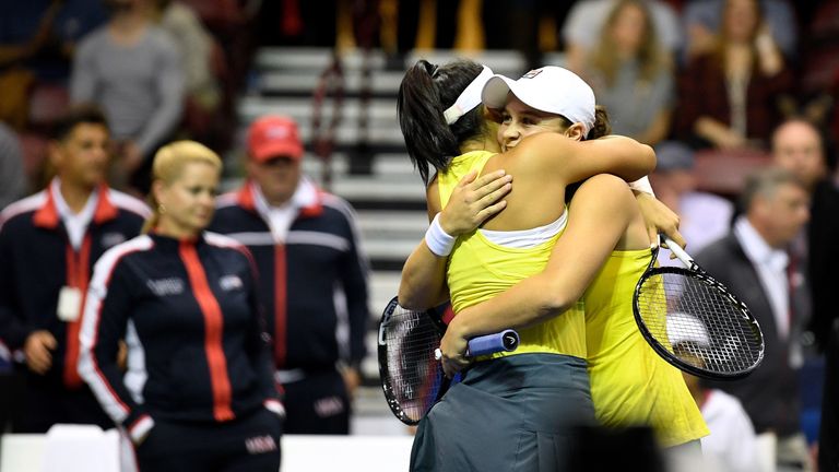 Doubles partners Priscilla Hon and Ashleigh Barty of Australia celebrate after a win over the USA in the deciding match of the first round of the 2019 Fed Cup at U.S. Cellular Center on February 09, 2019 in Asheville, North Carolina. Australia won 3-2.