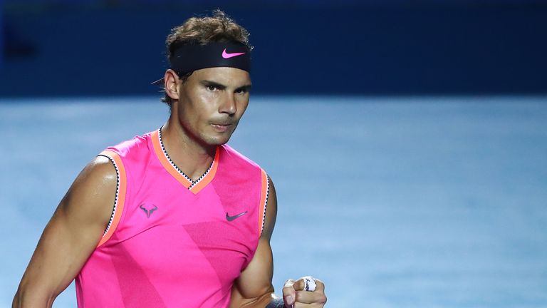 Rafael Nadal of Spain celebrates during the match between Rafael Nadal of Spain and Mischa Zverev of Germany as part of the day 2 of the Telcel Mexican Open 2019 at Mextenis Stadium on February 26, 2019 in Acapulco, Mexico.