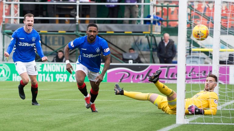 Rangers' Jermain Defoe celebrates scoring his side's second goal of the game during the Scottish Premiership match at the Superseal Stadium, Hamilton. PRESS ASSOCIATION Photo. Picture date: Sunday February 24, 2019. See PA story SOCCER Hamilton. Photo credit should read: Jeff Holmes/PA Wire. EDITORIAL USE ONLY