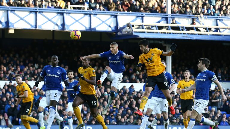  during the Premier League match between Everton FC and Wolverhampton Wanderers at Goodison Park on February 2, 2019 in Liverpool, United Kingdom.