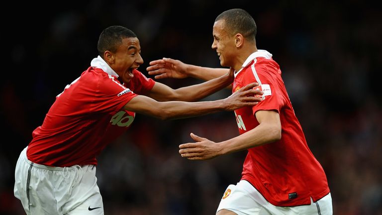 Morrison celebrates one of his two FA Youth Cup final goals with Jesse Lingard