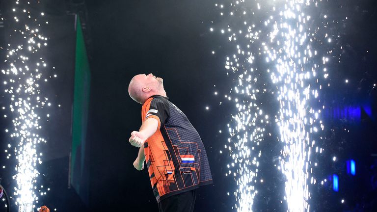21/2/19: Raymond van Barneveld in action against Mensur Suljovic in action during the Unibet Premier League Darts match at the 3Arena, Dublin. Picture: Michael Cooper