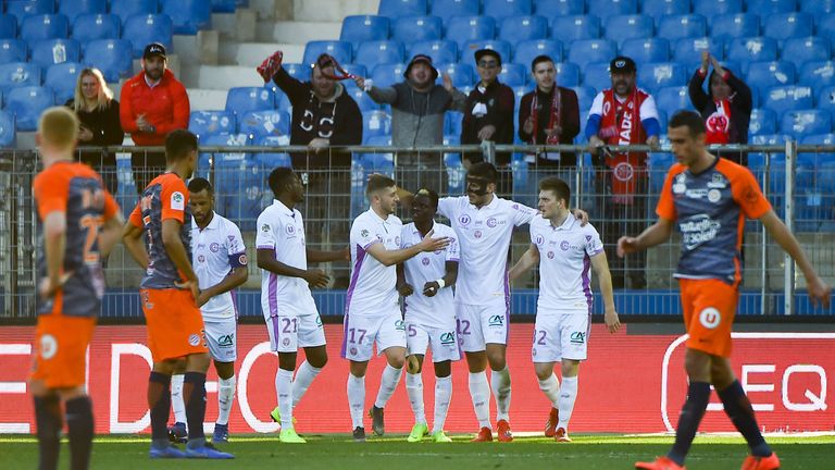 Reim's forward Pablo Chavarriais congratulated after his goal against Montpellier