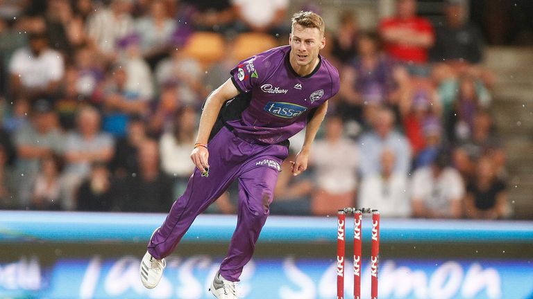 HOBART, AUSTRALIA - FEBRUARY 07: Riley Meredith of the Hurricanes bowls during the Hurricanes v Renegades Big Bash League Match at Blundstone Arena on February 07, 2019 in Hobart, Australia. (Photo by Scott Barbour/Getty Images)
