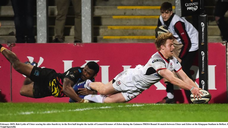 23 February 2019; Rob Lyttle of Ulster scoring his sides fourth try in the first half despite the tackle of Leonard Krumov of Zebre during the Guinness PRO14 Round 16 match between Ulster and Zebre at the Kingspan Stadium in Belfast. Photo by Oliver McVeigh/Sportsfile