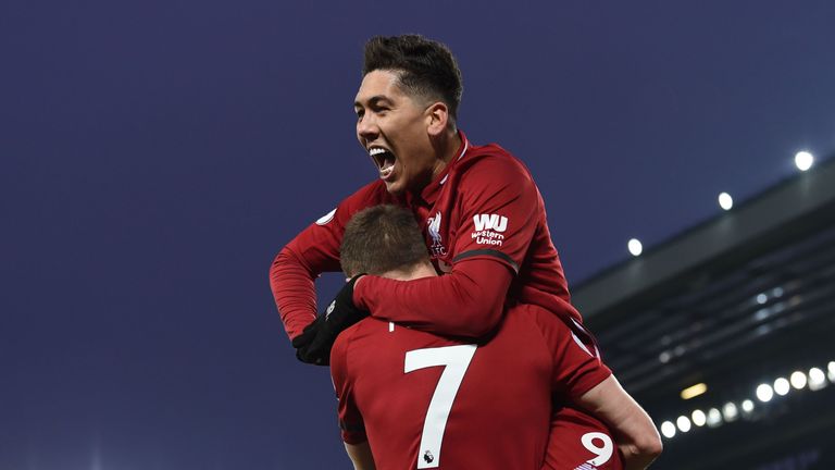 Roberto Firmino celebrates after scoring for Liverpool