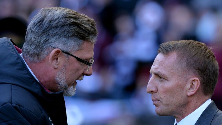 Hearts boss Craig Levein and Celtic manager Brendan Rodgers during the Betfred Scottish League Cup Semi Final between Heart of Midlothian FC and Celtic FC on October 28, 2018 in Edinburgh, Scotland.