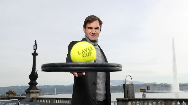 Roger Federer of Switzerland poses for a photo on the black court at La Rotonde ahead of The Laver Cup Press Conference on February 08, 2019 in Geneva, Switzerland