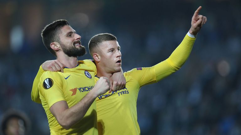 Ross Barkley celebrates scoring with Chelsea team-mate Olivier Giroud