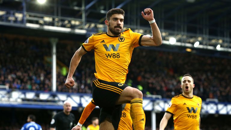 Ruben Neves celebrates his early goal at Goodison Park