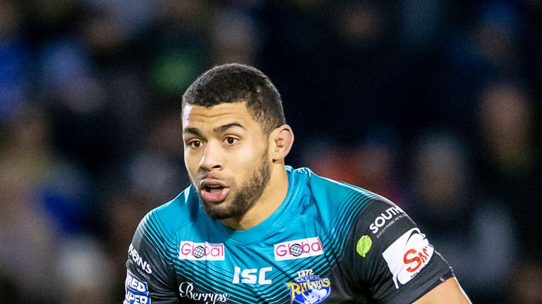 Leeds Rhinos' Kallum Watkins in action against Super League rivals Warrington at the Halliwell Jones Stadium