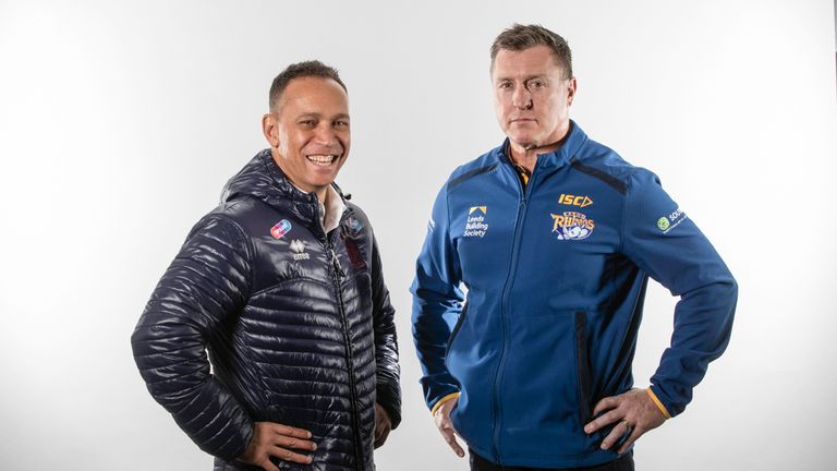 Wigan coach Adrian Lam and Leeds boss Dave Furner - former Wigan team-mates - pose at the 2019 Super League launch.