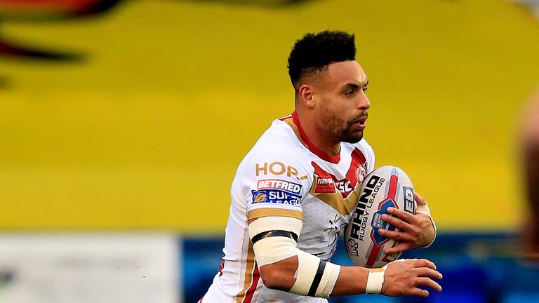 Catalans Dragons' Jodie Broughton on the charge against Super League rivals Widnes Vikings at the Select Security Stadium, Widnes in 2018