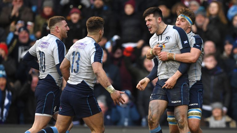 Scotland celebrate try v Italy