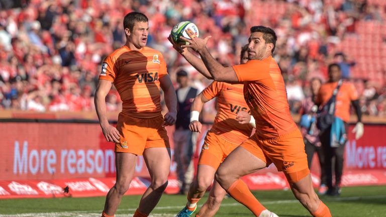 The Jaguares' Jeronimo de la Fuente catches the ball during a Super Rugby clash with the Lions in Johannesburg