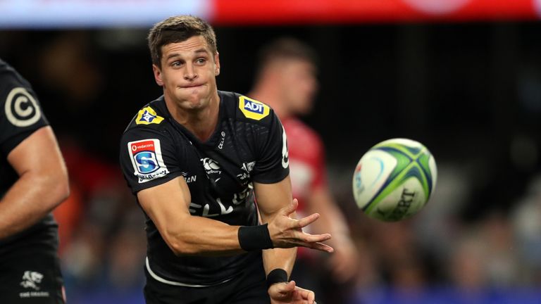 The Sharks' Louis Schreuder passes the ball during his side's Super Rugby clash with the Lions in Johannesburg in 2018