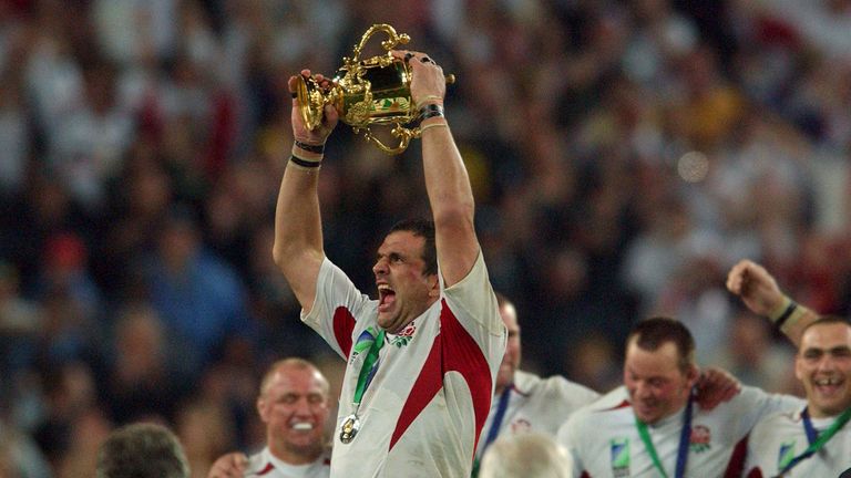 Martin Johnson lifting the Webb Ellis Cup in 2003 at the Telstra Dome in Sydney 