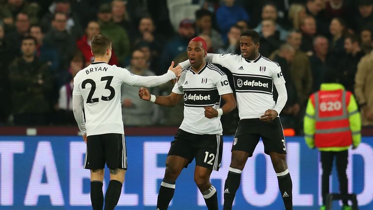 LONDON, ENGLAND - FEBRUARY 22: Ryan Babel celebrates a goal for Fulham against West Ham at the London Stadium