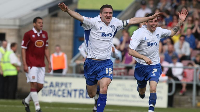 Ryan Lowe celebrates a goal for Bury during his playing days with the club