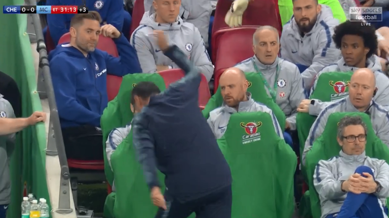 Sarri throws down a bottle of water in frustration as Kepa refuses to be subbed