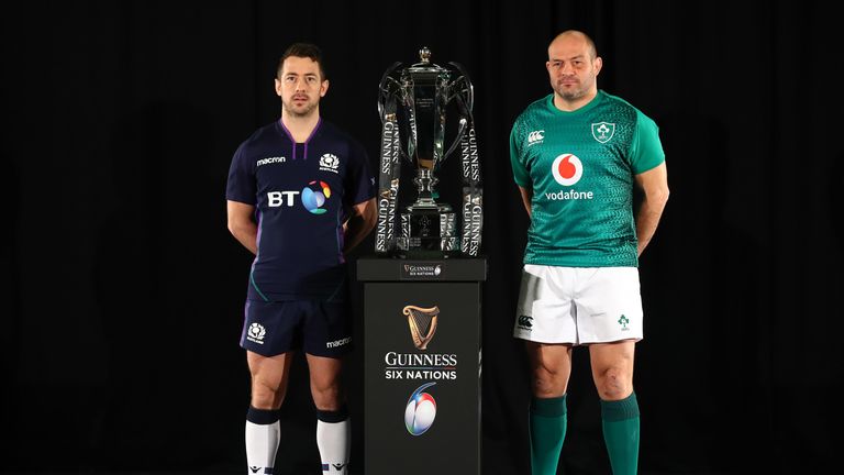 Scotland's Greig Laidlaw and Ireland's Rory Best post with the Six Nations trophy at the official launch of the 2019 Championship.