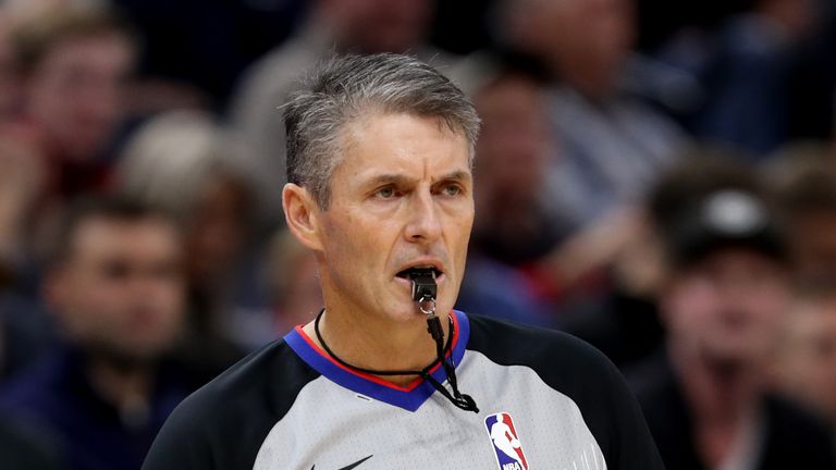 Referee Scott Foster looks on during a game between the Indiana Pacers and the Minnesota Timberwolves on October 22, 2018 at Target Center in Minneapolis, Minnesota.