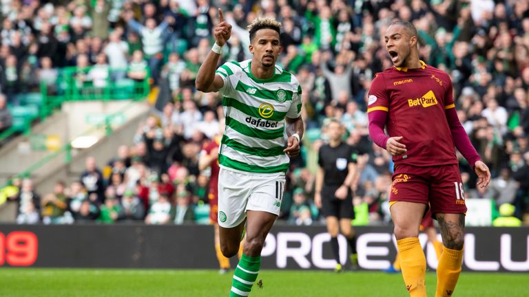 Scott Sinclair celebrates his opening goal for Celtic against Motherwell 