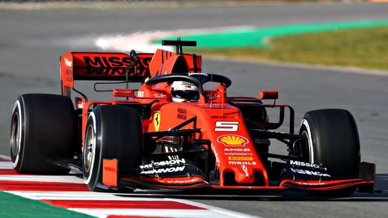 Sebastian Vettel on track during the first day of winter testing at Circuit de Catalunya on February 18, 2019