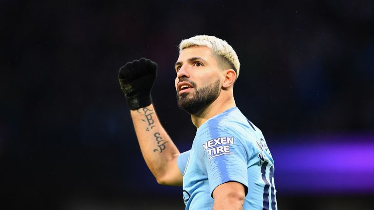 Sergio Aguero celebrates after scoring Manchester City's first goal