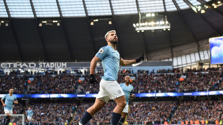 Sergio Aguero celebrates scoring for Manchester City against Chelsea