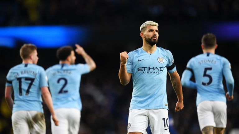 Sergio Aguero celebrates scoring his hat-trick against Chelsea