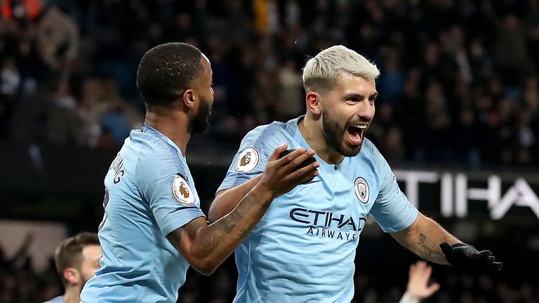 Sergio Aguero celebrates his hat-trick goal