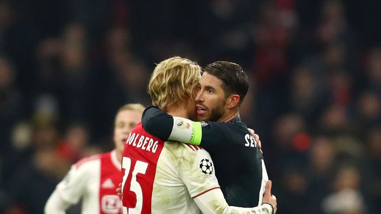 UEFA believe Ramos (right) was booked "on purpose" for his foul on Ajax's Kasper Dolberg