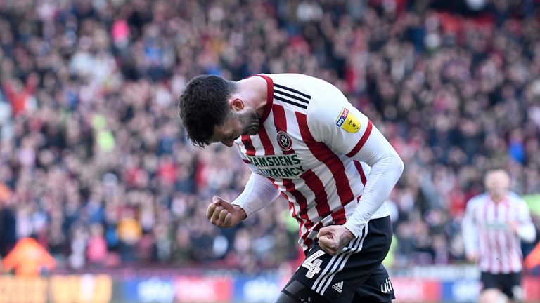 Gary Madine of Sheffield United celebrates scoring his side's second goal during the Sky Bet Championship match between Sheffield United and Reading at Bramall Lane on February 16, 2019 in Sheffield, England.