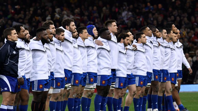 France line-up for the anthems ahead of kick-off against Wales in the 2019 Six Nations 