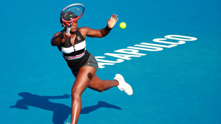 Sloane Stephens of United States returns a ball during the match against Pauline Parmentier of France as part of the day 2 of the Telcel Mexican Open 2019 at Mextenis Stadium on February 26, 2019 in Acapulco, Mexico.