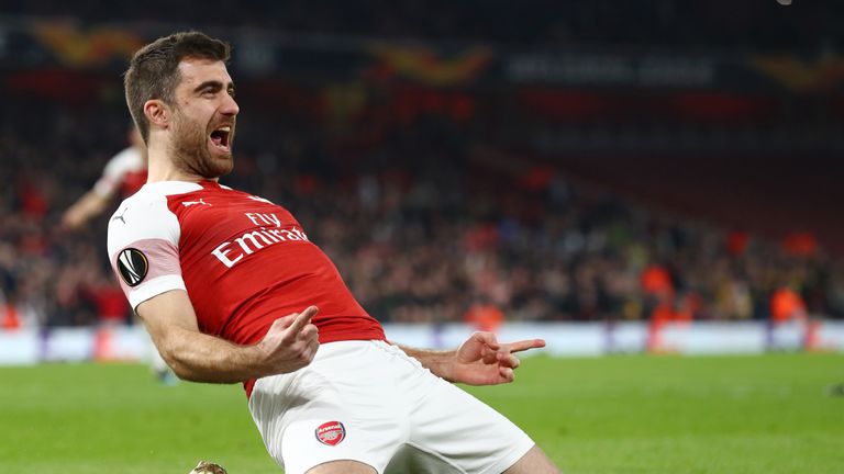 Sokratis celebrates scoring Arsenal's third goal in their win over BATE