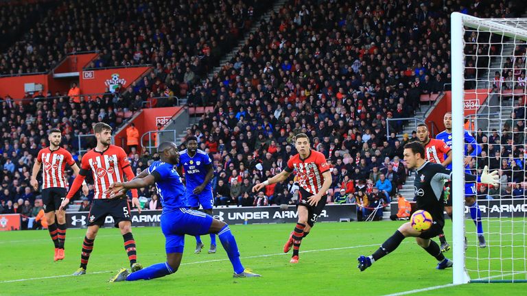 Cardiff City's Sol Bamba scores his side's first goal of the game